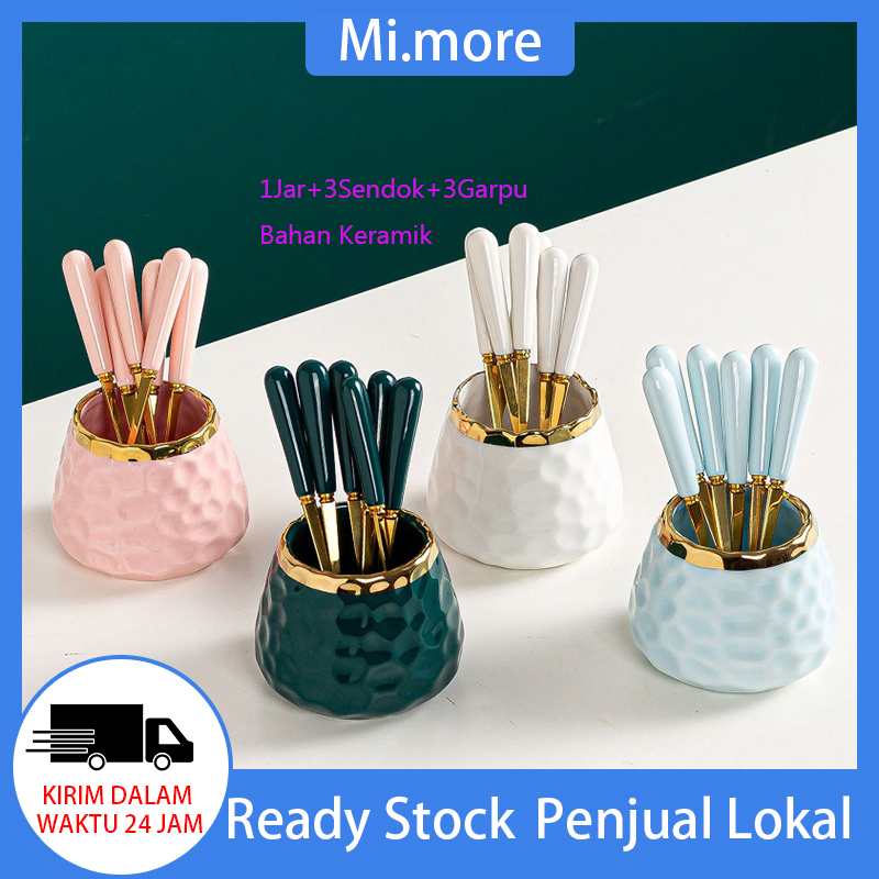 Mi.more Jar Mug Keramik Set(1Jar+3Sendok+3Garpu)Tempat Sendok Teh Garpu Kue Set