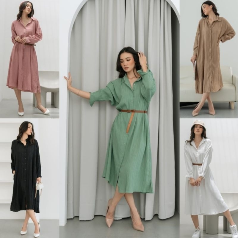 ♡ PREMIUM ♡ ORIGINAL !  MAHEERA BIG SIZE JUMBO PLEATED CRINKLE COLLAR BUTTON LONG SLEEVE MIDI LOOSE DRESS WITH BELT ( BUSUI , HIJAB &amp; BUMIL FRIENDLY )