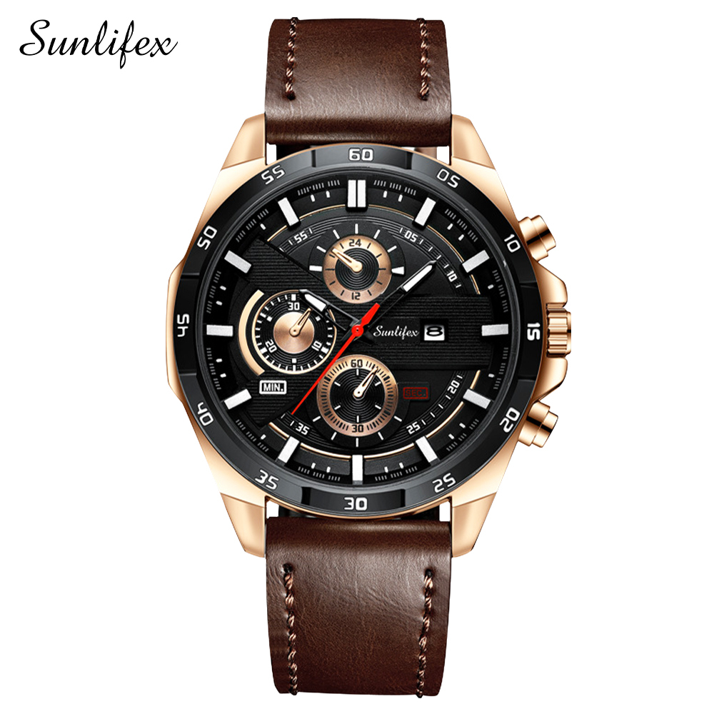 Sunlifex Jam Tangan Pria 9091 Kuarsa Tali Kulit Olahraga Mode Kalender Jam Tangan Cowok-BrownBlack