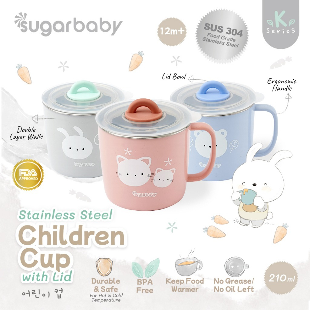 Sugar Baby Stainless Steel Cup with Lid/ Sugarbaby Gelas Minum stainless steel Anak/Gelas Minum Anak Gelas Stain Anti Panas Anak Lucu Cup stainless Anak Bekal Lucu