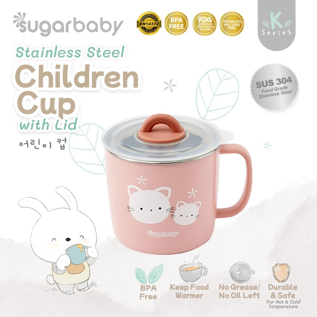 Sugar Baby Stainless Steel Cup with Lid/ Sugarbaby Gelas Minum stainless steel Anak/Gelas Minum Anak Gelas Stain Anti Panas Anak Lucu Cup stainless Anak Bekal Lucu