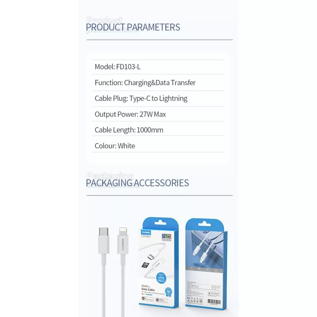 A_  Foomee FD103-L Kabel Data Type C to Lightning iPhone Fast Charging PD 27W 1M