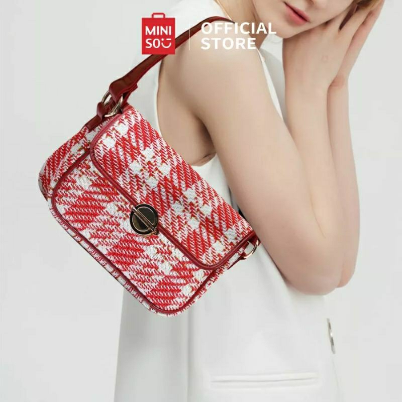MINISO Tas Selempang Tas Bahu Selempang / Tas Selempang Motif Kotak Merah