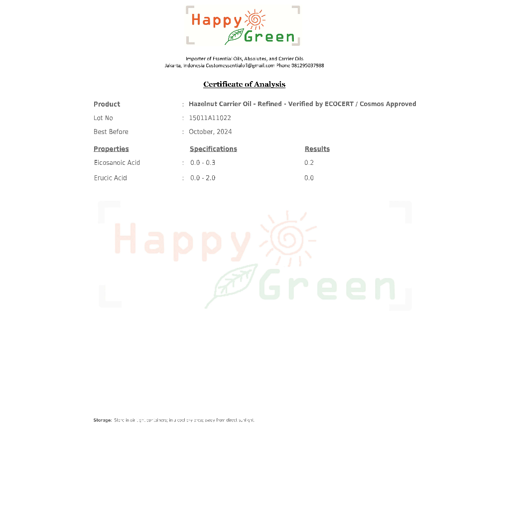 Happy Green Premium Hazelnut Oil - Minyak Hazelnut Murni