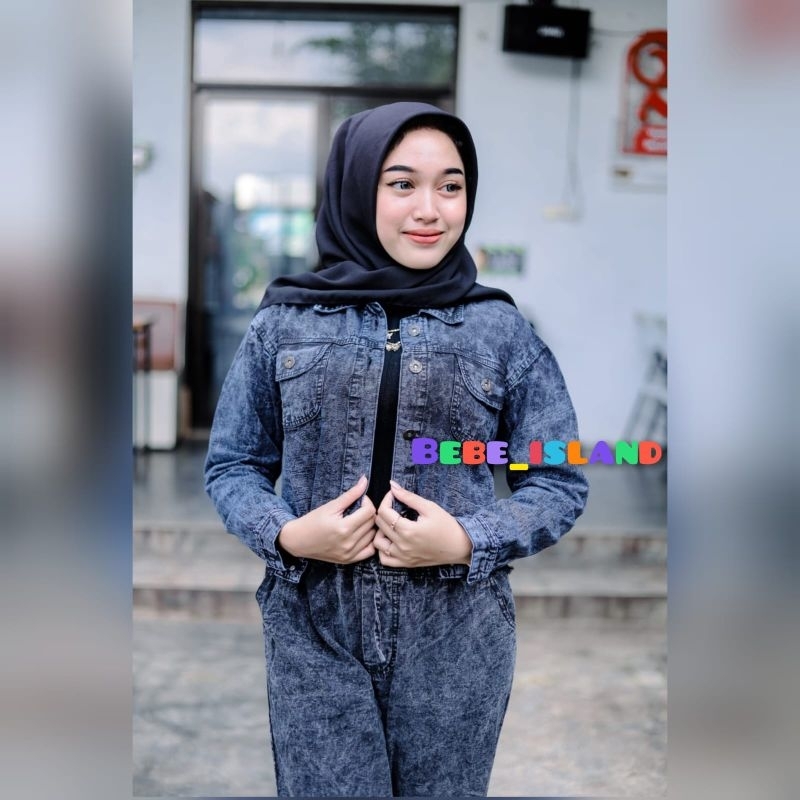 JAKET JEANS CROP RAWIS LD 120cm JUMBO OVERSIZE WANITA