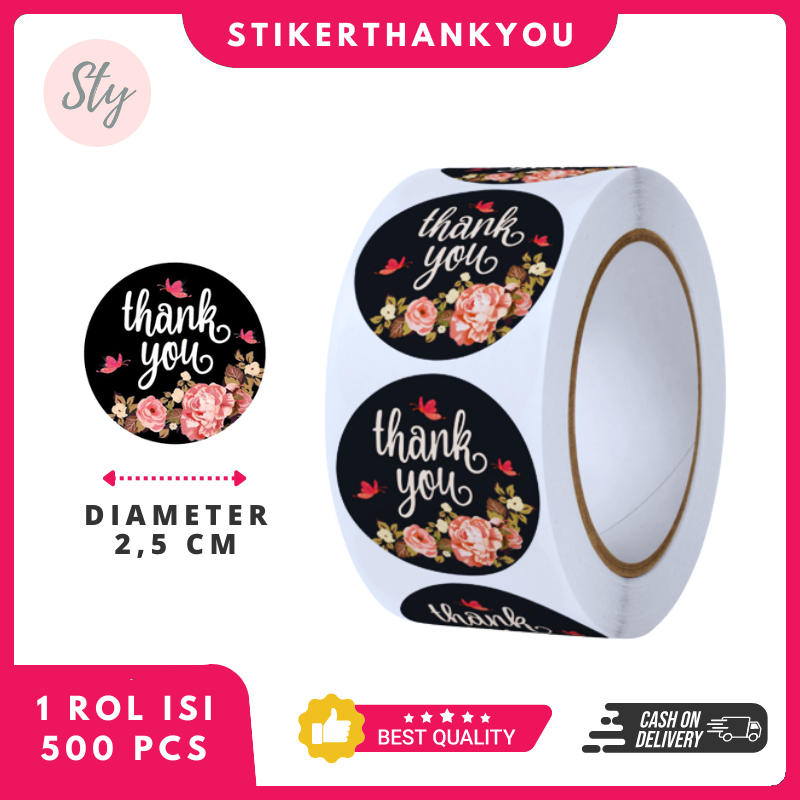 

500 Pcs/Rol Stiker Thank You Motif Bunga Hitam Elegan