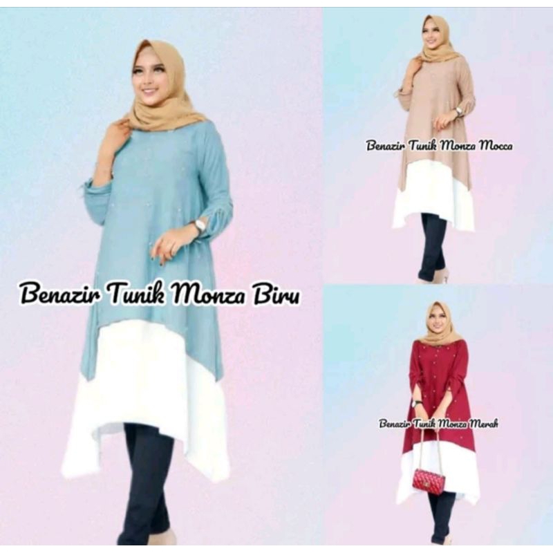 PROMO Benazir Tunik Monza Mutiara Baju Atasan Wanita Warna Merah Biru Mocca