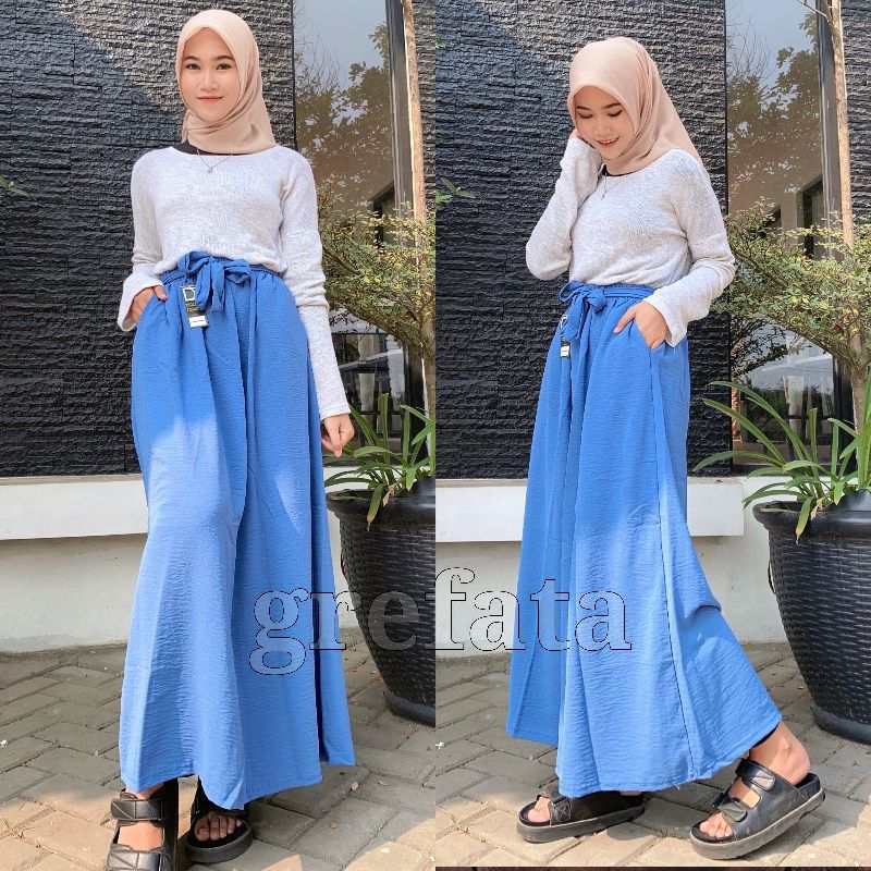 Rok A-Line Crinkle Airflow Premium Pinggang Tali Sabuk / Anrok Crincle Model Lebar Terbaru Kekinian Size Reguler Standar Jumbo Bb 45kg Sampai Bb 75kg / Rok Onder Wanita Murah Bagus Berkualitas / Grefata