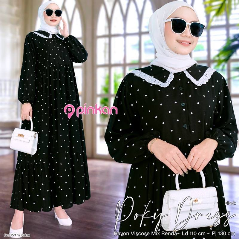 Gamis Wanita Muslim Kekinian Terbaru Bahan Rayon Premium Motif Polkadot-Poky Maxi Hitam