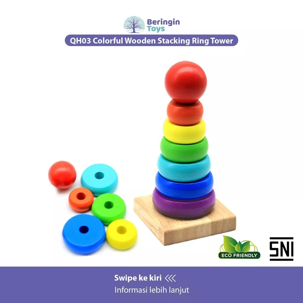 QH03 Colorful Wooden Stacking Ring Tower - Mainan Anak