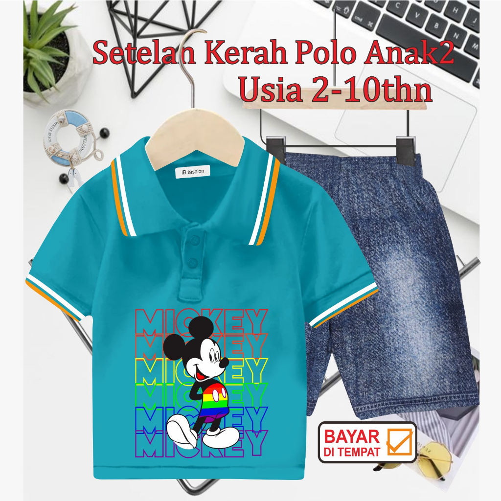 ((IB))SETELAN ANAK2 KERAH POLO SEMI JEANS/M1CK3Y DIGITAL SABLON