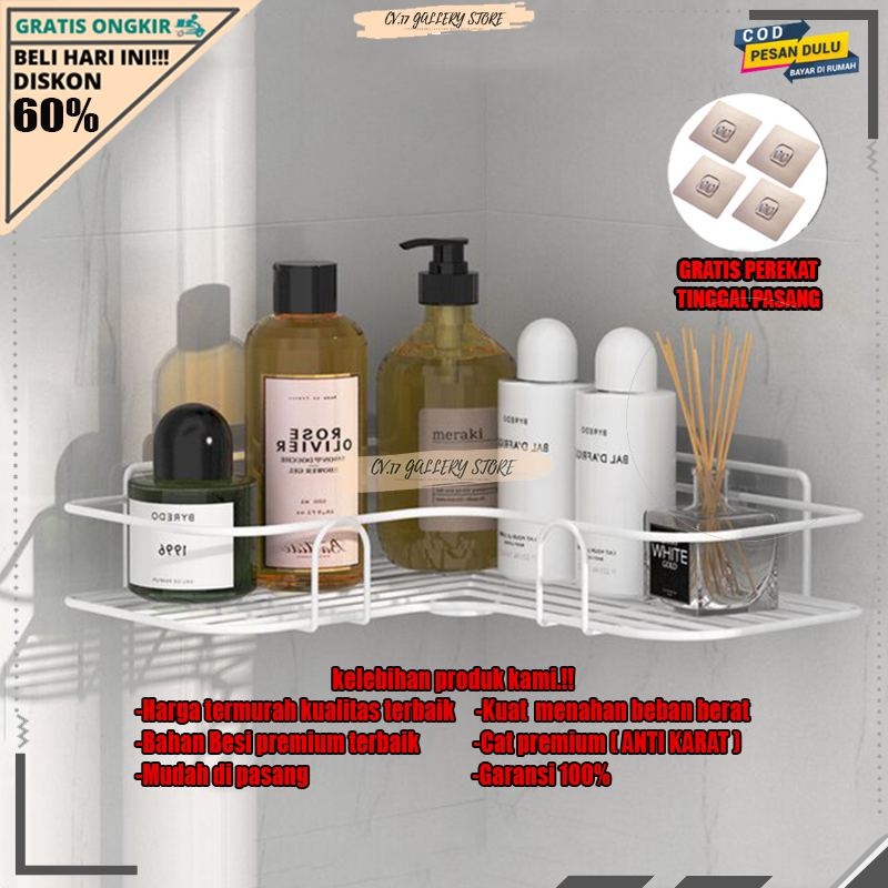 Tak Rak Pojok Sudut Tempat Sikat Gigi Sabun Cuci Baju  skincare Bumbu Dapur Peralatan Perlengkapan Dekorasi Kamar Mandi Keranjang Besi Gantung Dan Makeup Tempel Dinding Dingding Keramik Tanpa Paku Bor Stainless Anti karat Rumah Aesthetic Murah SerbagunA