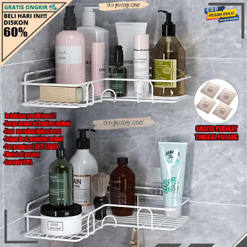 Rak Sudut Pojok Kamar Mandi Tempat Sabun Cuci Baju Sikat Gigi skincare Dan Makeup Tempel Bumbu Dapur Peralatan Perlengkapan Dekorasi Kamar Mandi Keranjang Besi Gantung Dinding Dingding Keramik Tanpa Paku Bor Stainless Anti karat Aesthetic Murah Serbaguna