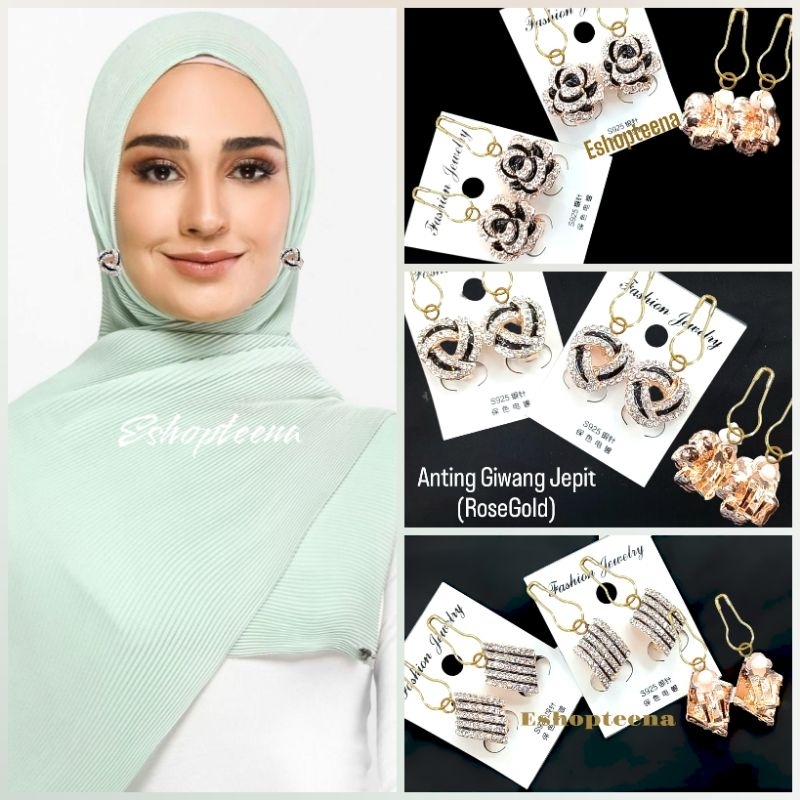 A18 anting hijab 2in1 (peniti &amp; jepit) full mata hitam rosegold_anting jilbab