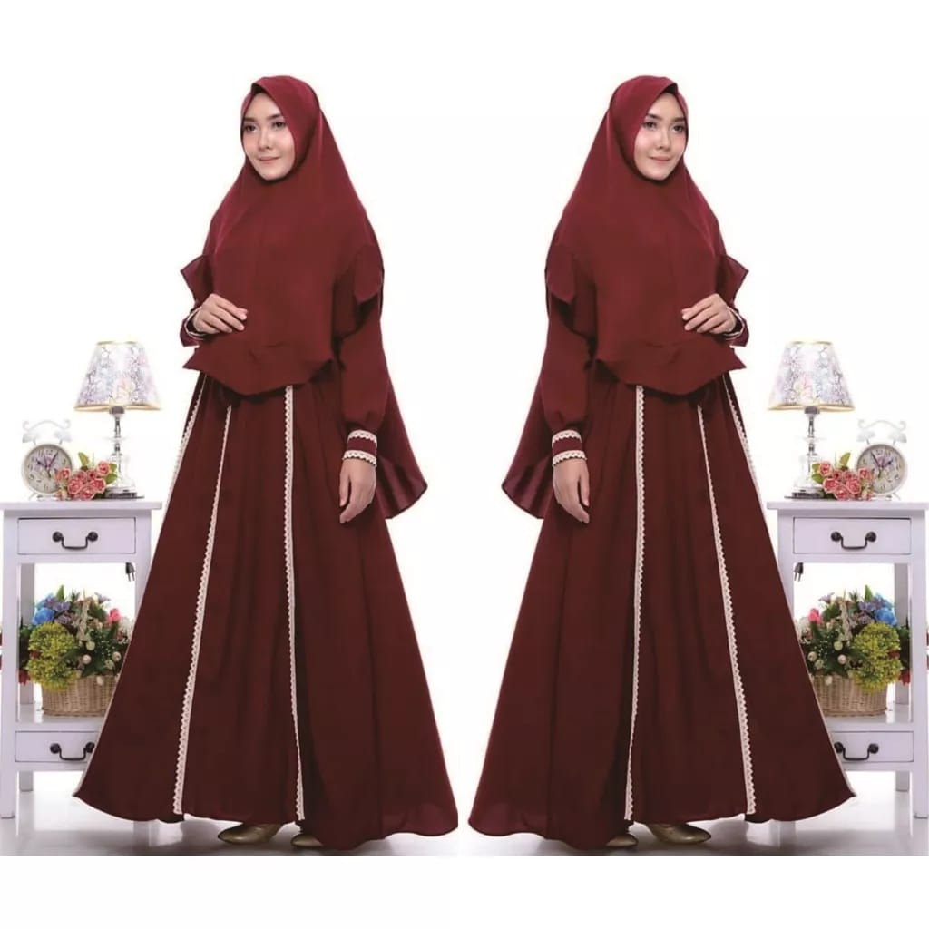 UMMA Fashion SYAKILA SET SYARI Bahan Torry Burch Kombinasi Renda Polos Plus Kerudung Gamis Wanita Te