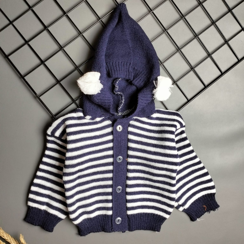 Mantel atasan rajut hoodie bayi motif pompom garis 0-12 bulan