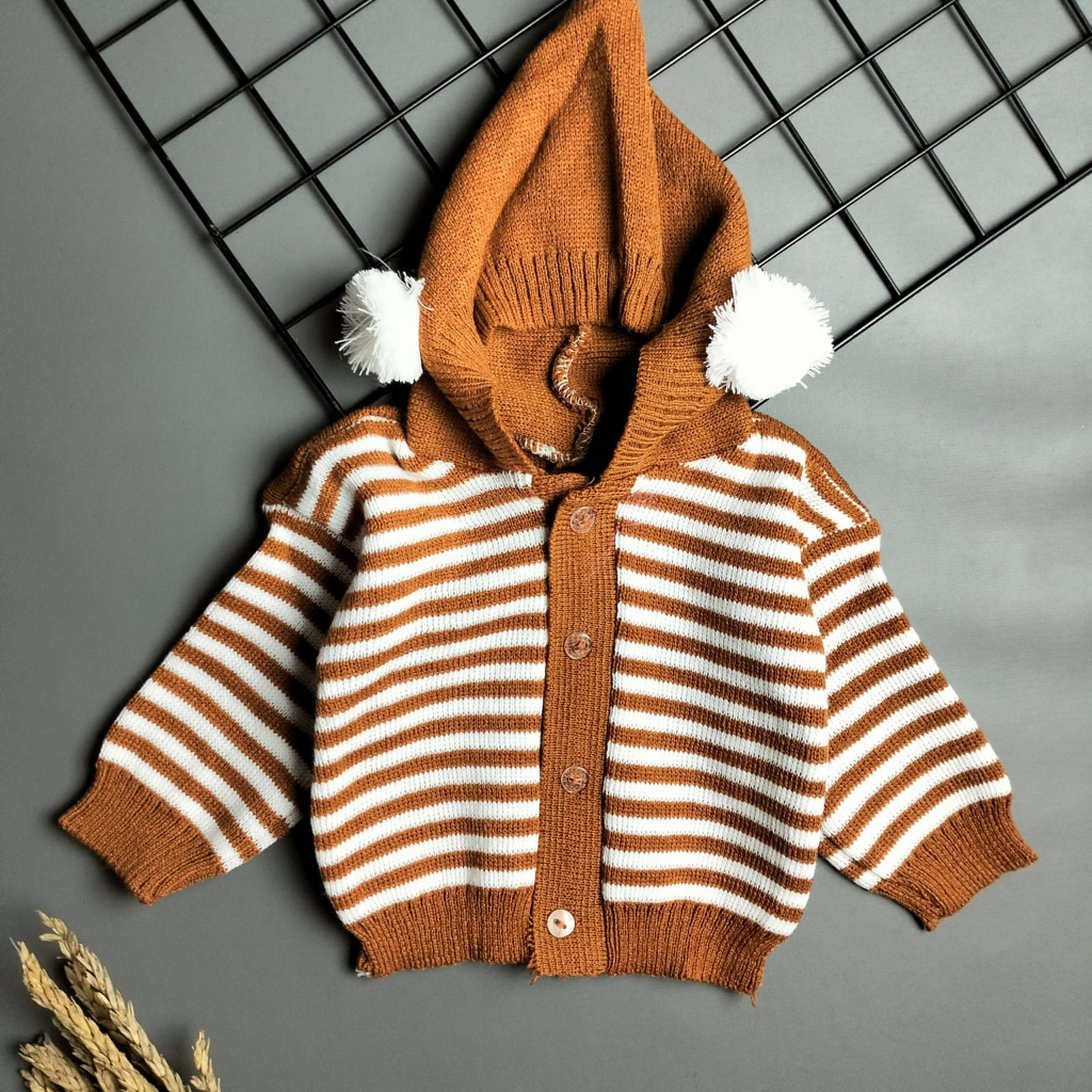 Mantel atasan rajut hoodie bayi motif pompom garis 0-12 bulan