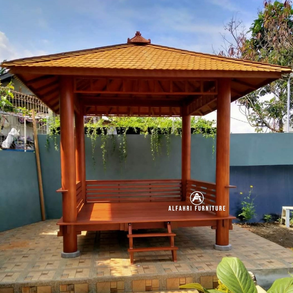 gazebo kayu minimalis modern, saung cantik atap sirap ulin