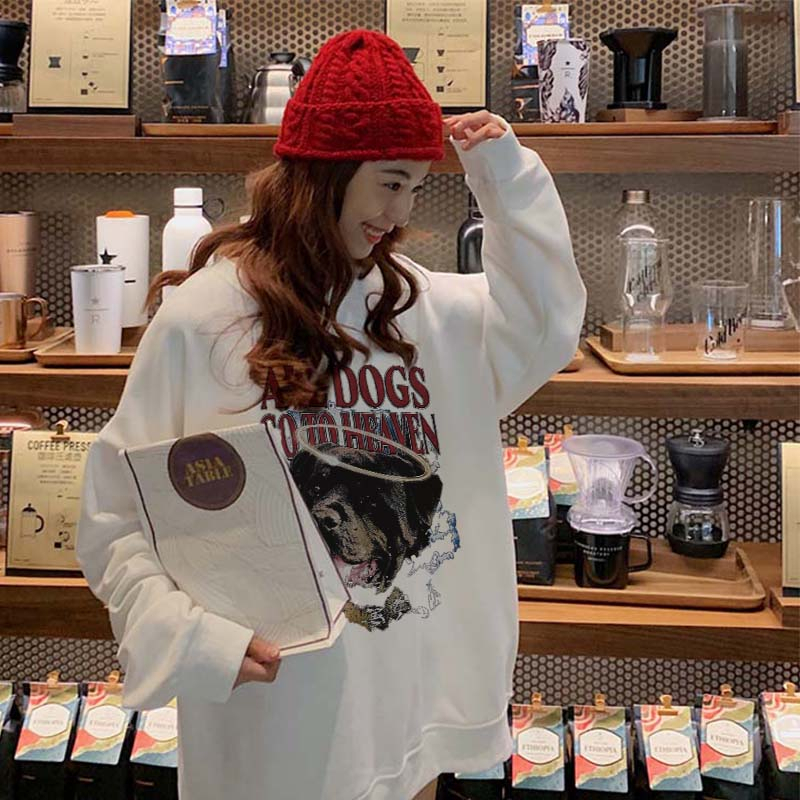 Kaos Stasan Wanita Oversize Sweater American Vintage Cartoon Graphic Dog Priting Top Kekinian Casual Sweater