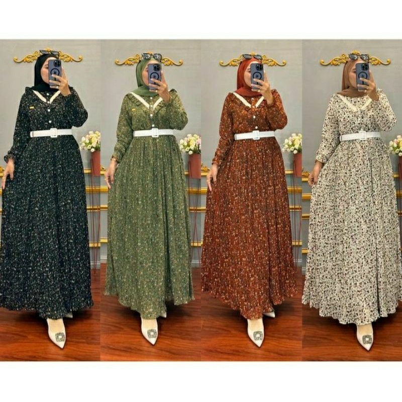 (Bisa COD) Gamis Ceruty Babydoll Plisket Full Furing Motif Bunga Bisa Untuk Busui