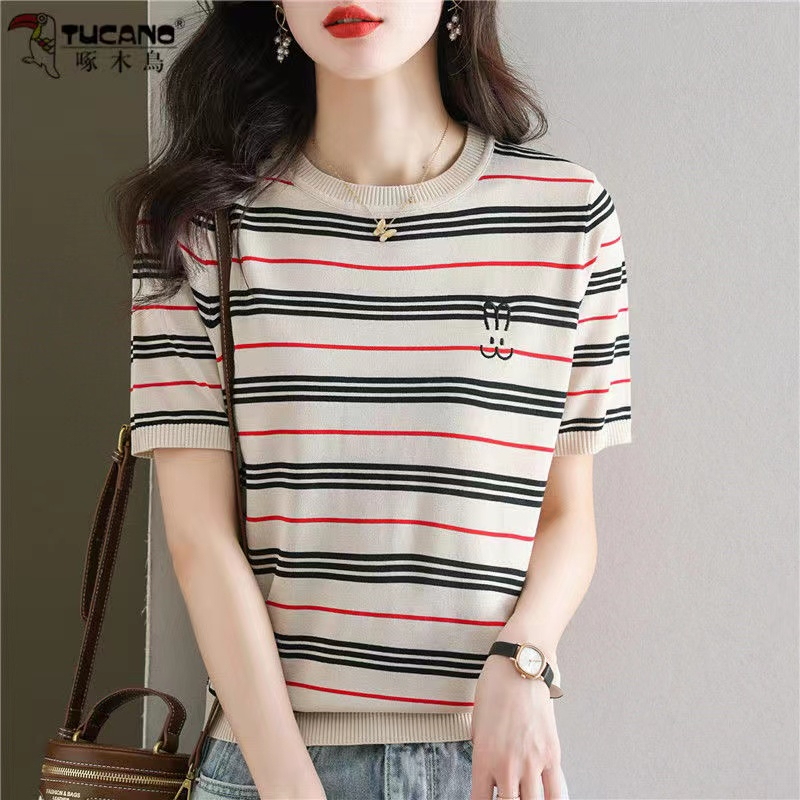 Wina Tshirt Stripes Knit - Atasan Kaos Rajut Garis Garis Wanita - TM (A461)