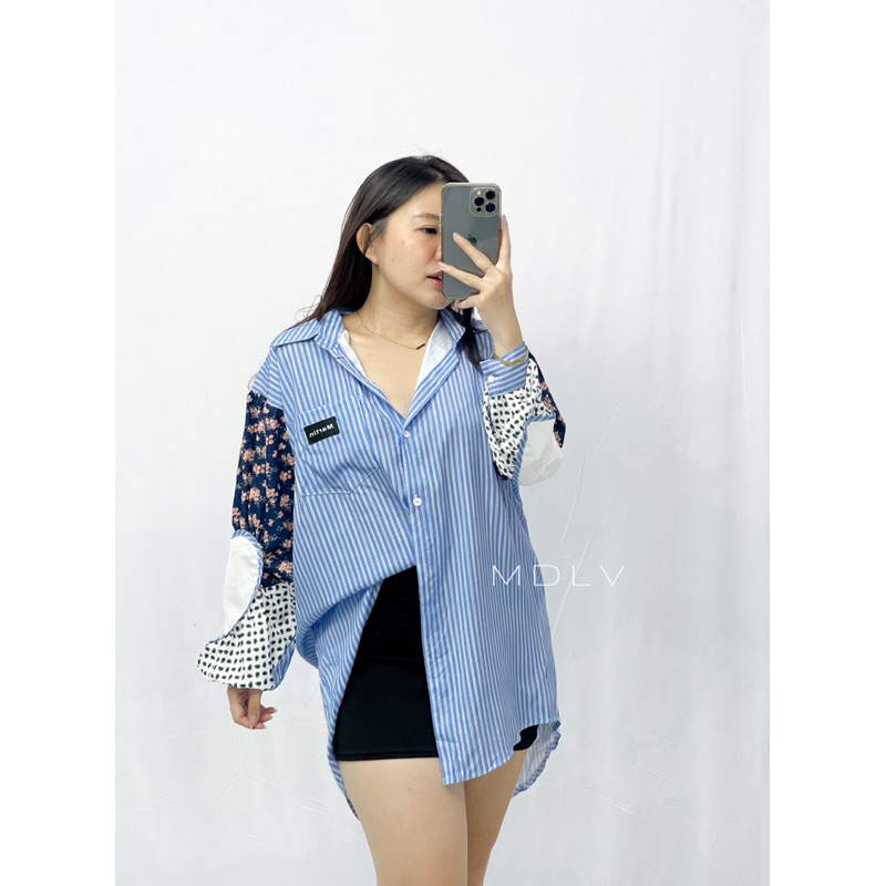 MDLV ~ 2460# Florena Patchwork Shirt Kemeja Salur Polka