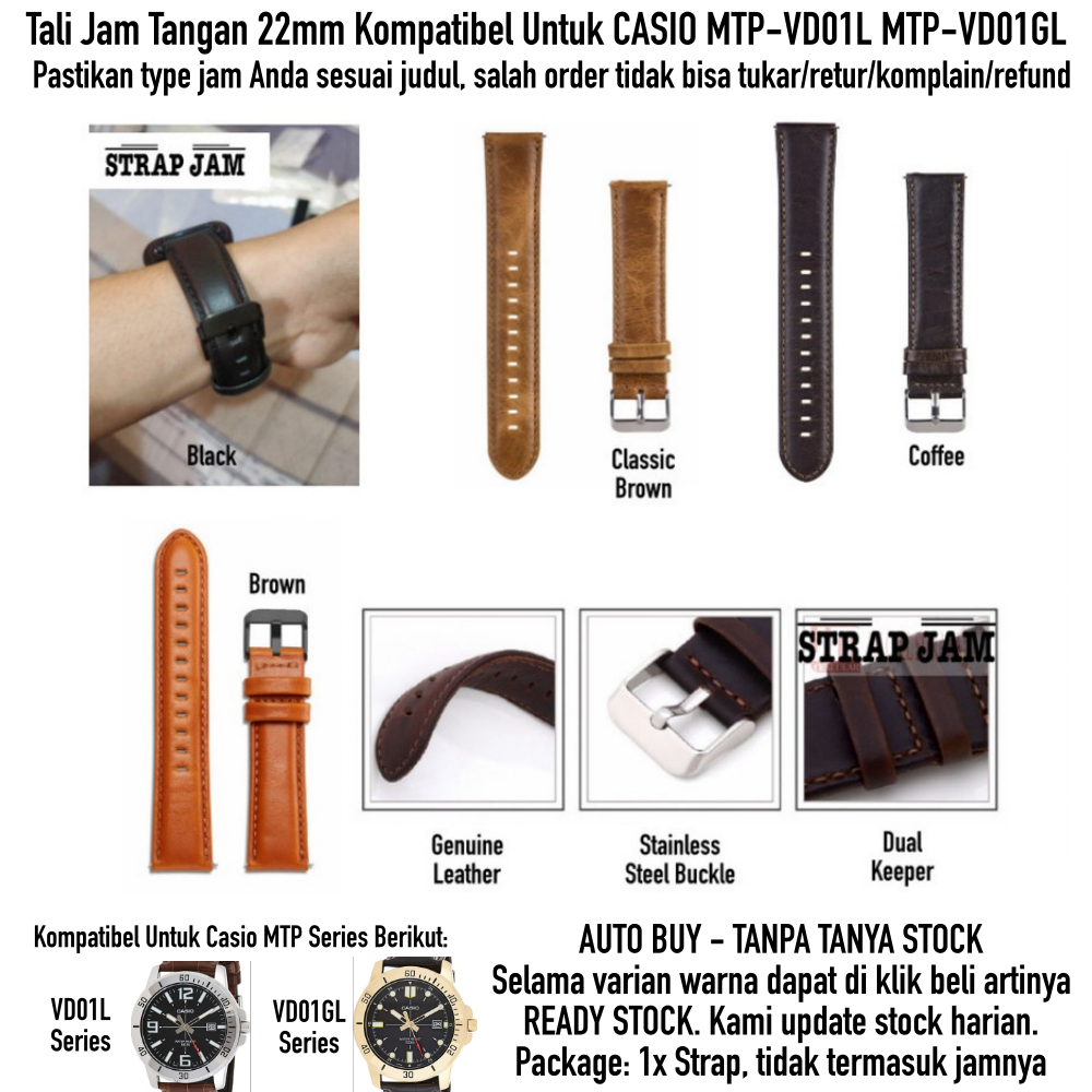 Strap Casio MTP-VD01L VD01GL - Tali Jam 22mm Genuine Leather Kulit Quick Release