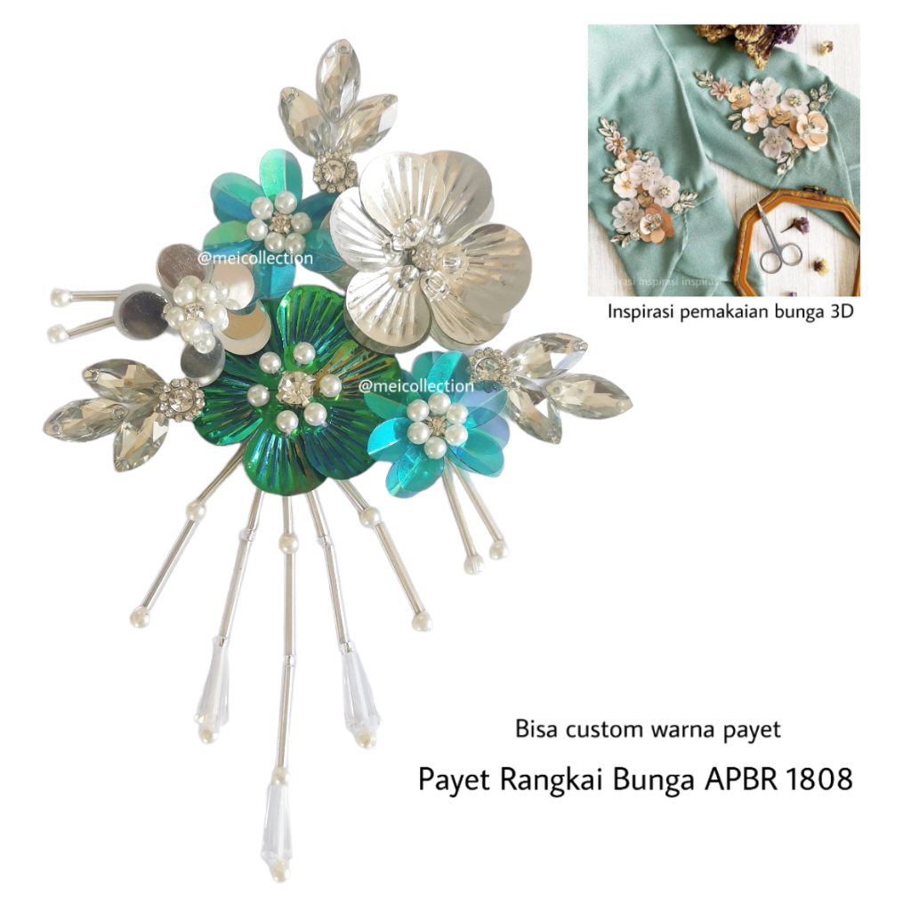 payet rangkai bunga 3d APBR 1808 green silver green tosca kebaya bali