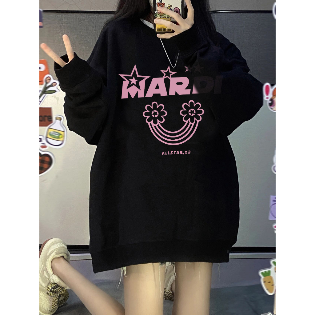 EUNII Sweater Lengan Panjang Cartoon Pink Mardi Star Printing Korean Style/Sweater Crop/Baju Wanita/Switer Wanita/Switer