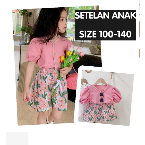 SET ANAK CEWEK CASUAL HOTPANTS PINK BUNGA ROSE PINK FLOWER SIZE 100-140