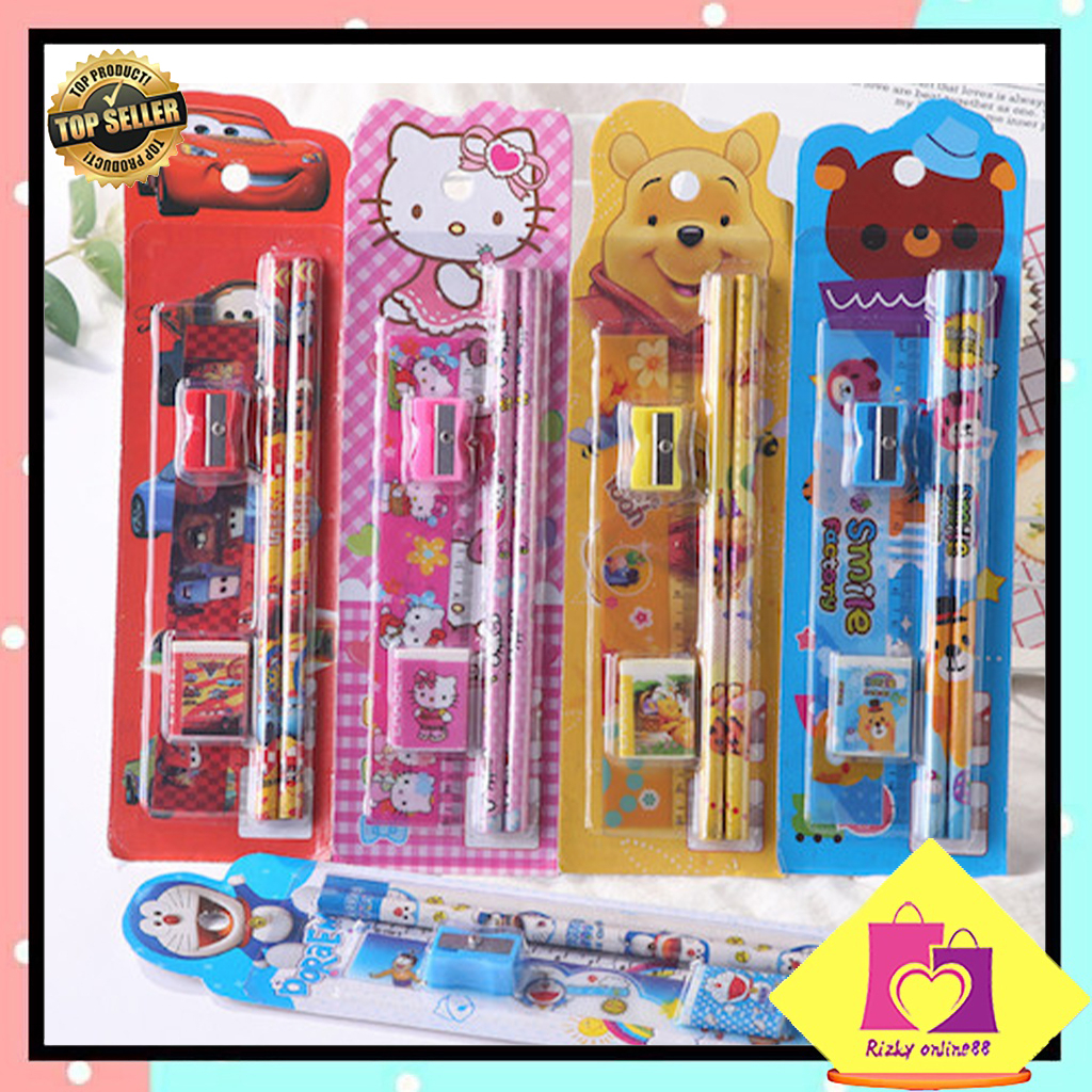 Rizkyonline88 Mini Stationery Set Alat Tulis Sekolah 5 in 1 Karakter Lucu STY01