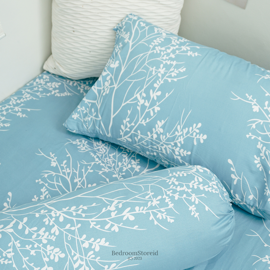 Sprei Aesthetic Motif Jeju Blue | Ala Korea Sudah Termasuk Sarung Bantal Guling