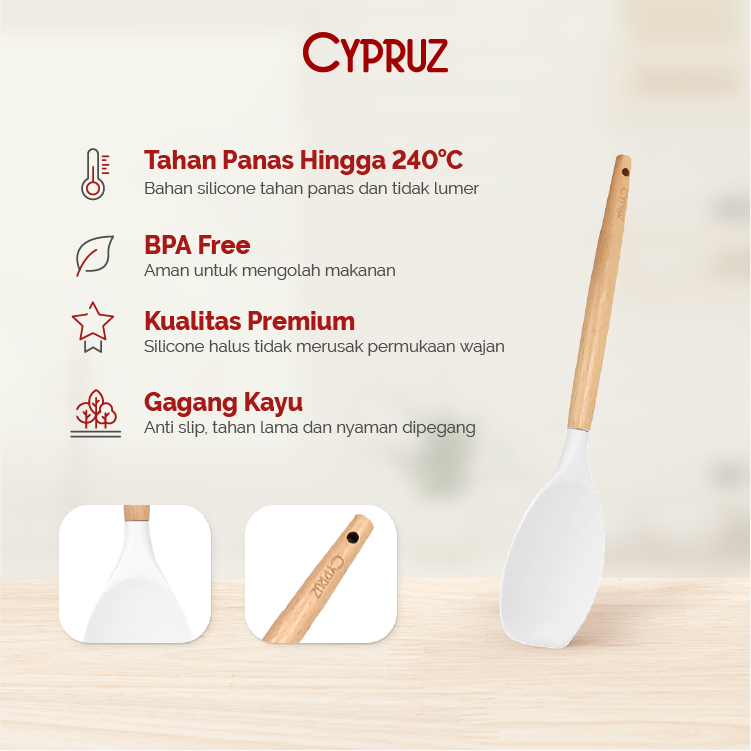 Cypruz Utensil Gg.Kayu Kepala Silicone: Sendok Serving RATA