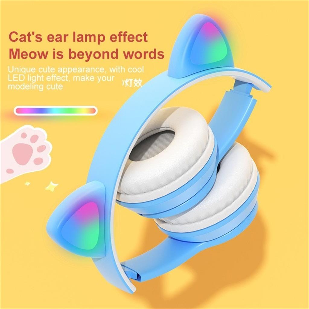 Headphone Headset Karakter Telinga Kucing Bluetooth Wireless Cute Cat Led P47