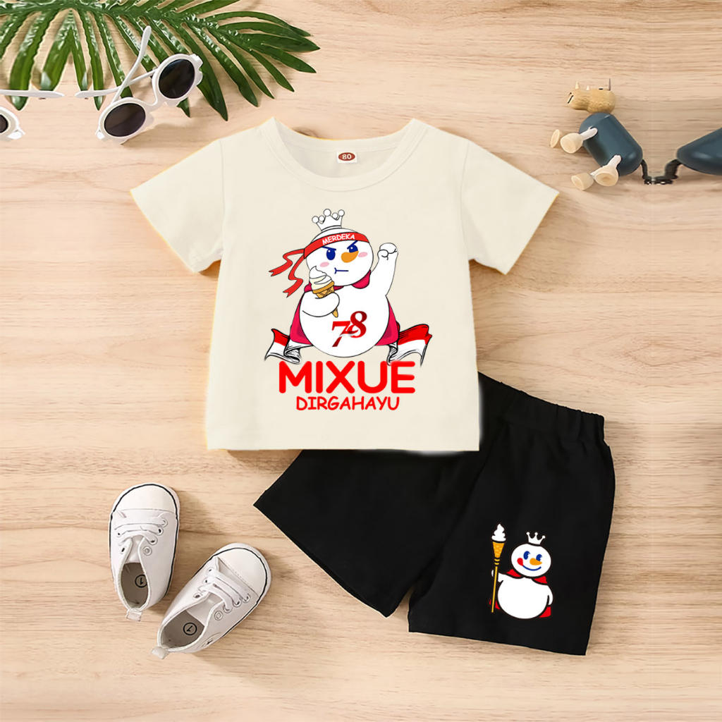 Baju Anak Stelan Kaos 3/4 MIXUE FIGHT HUT RI 78 NKRI INDONESIA PANCASILA Cowok Cewek  Usia 1 - 4  Tahun Celana Pendek Harian