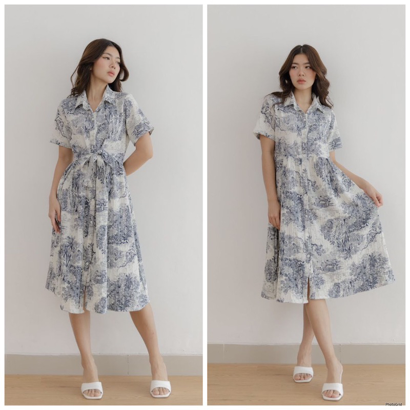 Vintage dress wanita biru putih / dress busui wanita jalan santai / midi dress ikat putih 3400