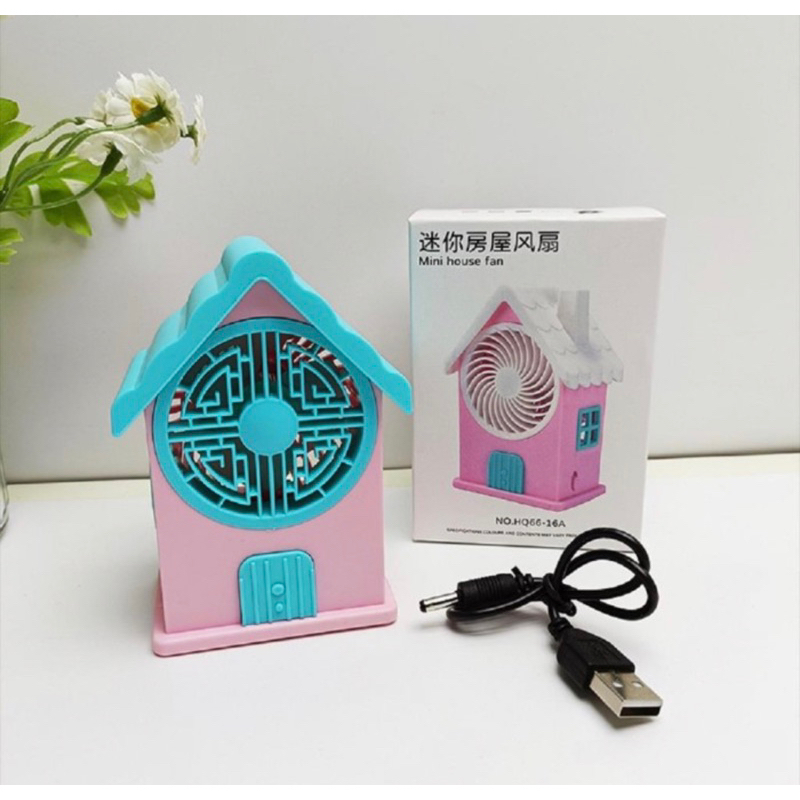 Kipas Angin Mini Portable Rechargeable Mini House Fan HQ66 - Kipas Mini Bentuk Rumah -