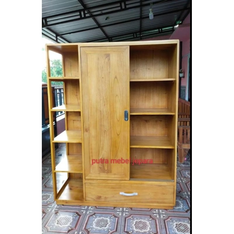 almari pakaian pintu sliding kayu jati finishing melamin warna walnut custom