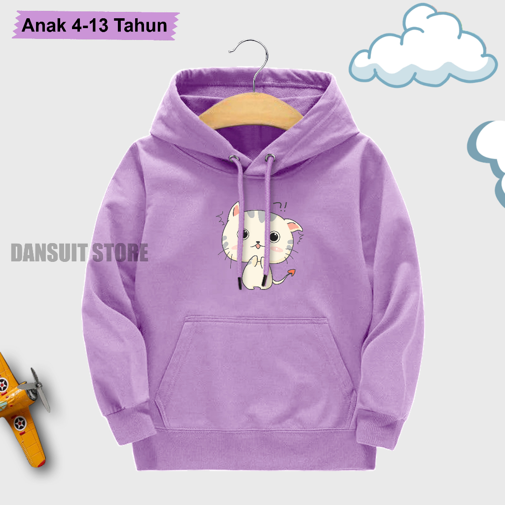 Sweater Hoodie Anak Perempuan Motif Sablon CUTE CAT Usia 4-13 Tahun Warna Pastel Bahan Tebal Premium