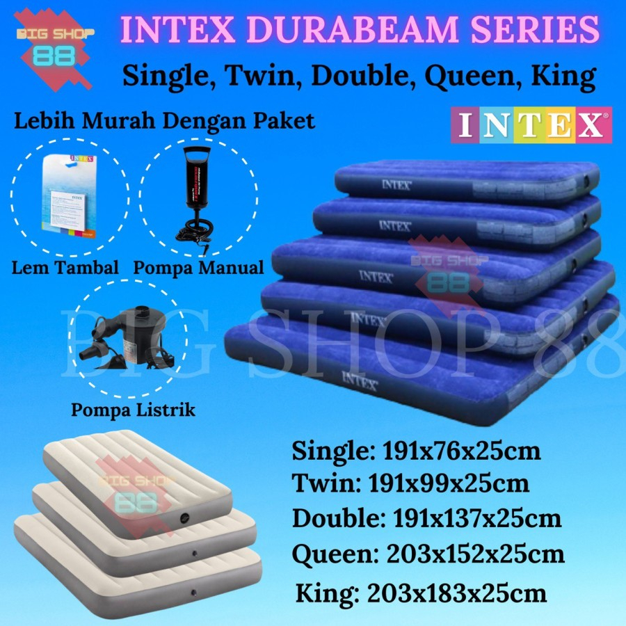 PAKET MURAH KASUR MATRAS ANGIN TIUP AIR BED INTEX DURABEAM + POMPA MANUAL + POMPA LISTRIK + LEM TAMB