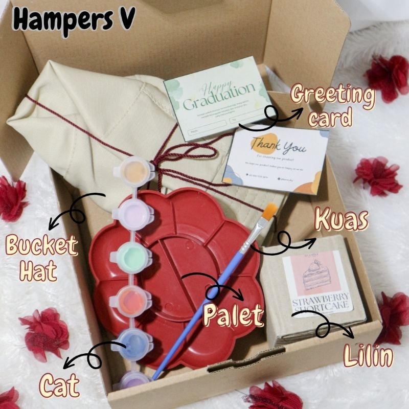 

Hampers kado 5 bucket hat polos cream + lilin aroma terapi, free greeting card + cat akrilik + palet lukis + kuas lukis