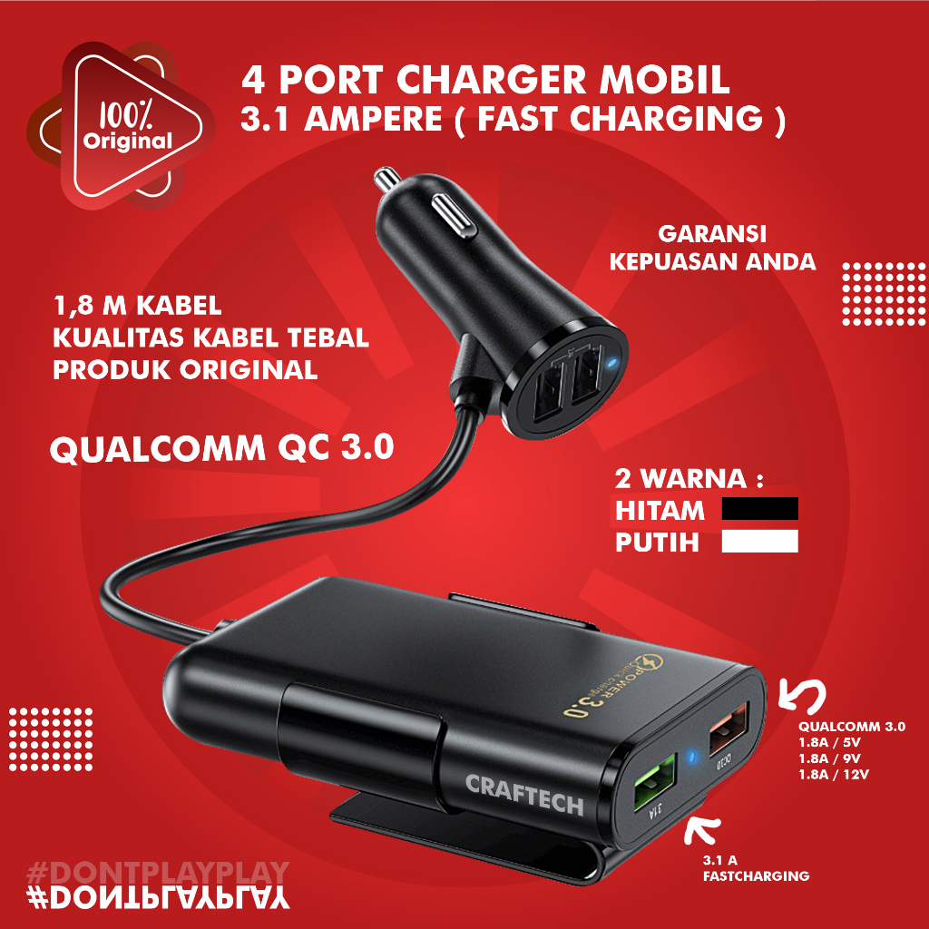 Mobil Charger HP 4 Port USB 2 Port USB HP Car Charger Super Fast Charging 3.1A Qualcomm QC3.0 8A