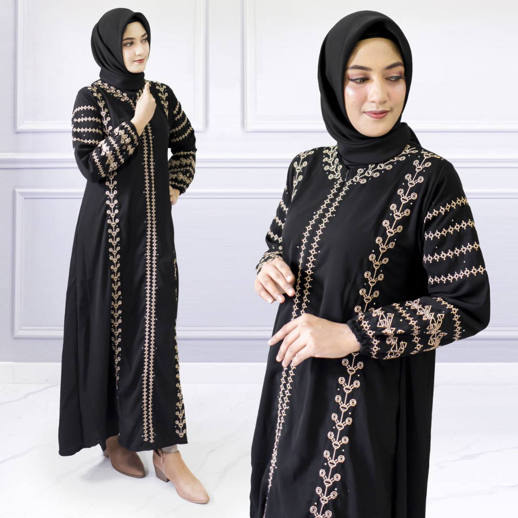 Exclusive Abaya Bordir Zahran Bahan Jet Black Resleting Depan Hitam Saudi Arab Kwalitas Boutique