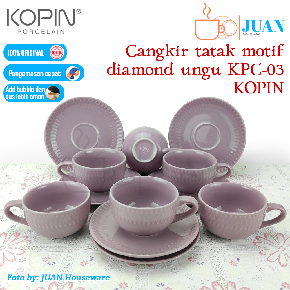KOPIN 6 pasang cangkir + tatakan keramik diamond ungu / tea cup and saucer KPC-03