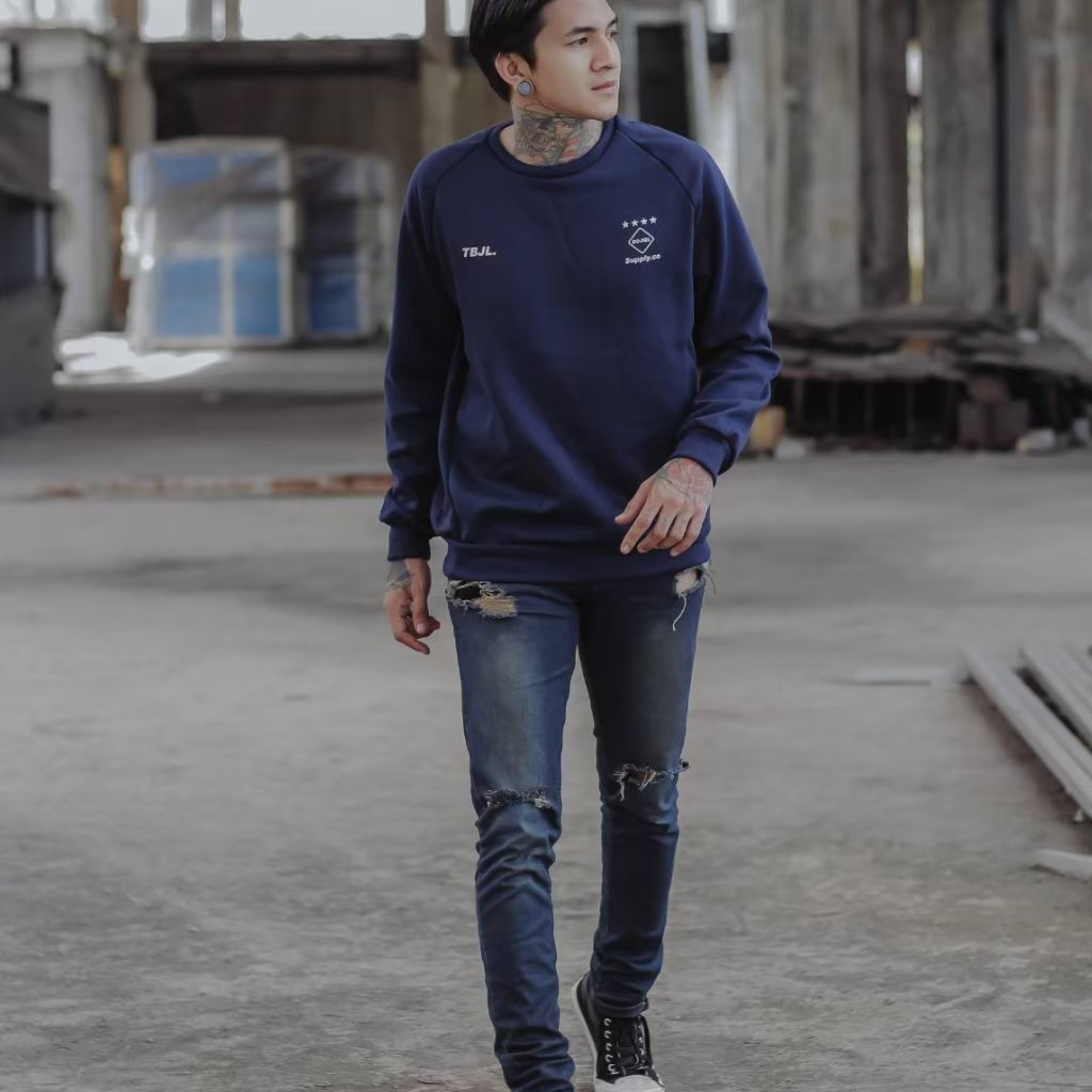 SWEATER CREWNECK cowok Sweatshirt Pria BOJIEL Navy Polos seri BJSL142