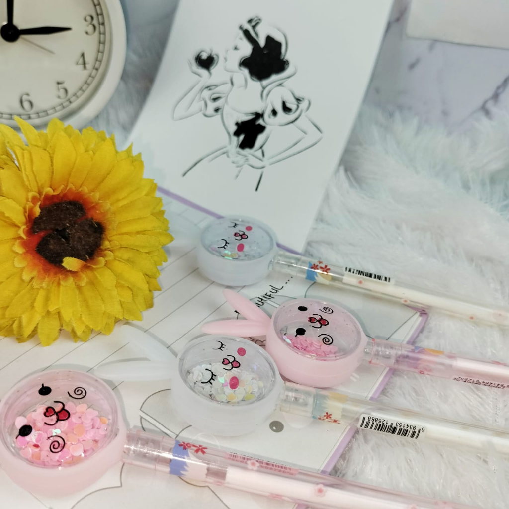 Pulpen Gel Bunny Manik Cantik Cute / Pen Gel Rabbit Manik harga Murah ready 2 Warna tinta gel hitam / Bolpen Kelinci Hiasan Gliter Best Quality bisa Grosir dan COD