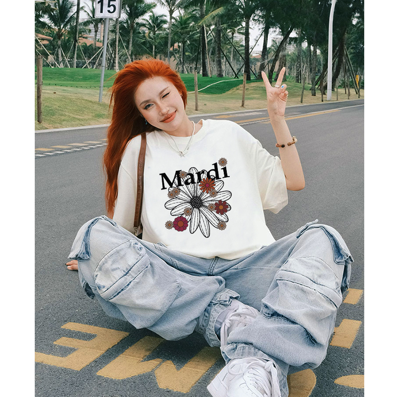 kaos atasan wanita/korean style lengan pendek letter daisy motif printed t-shirt oversize kaos basic