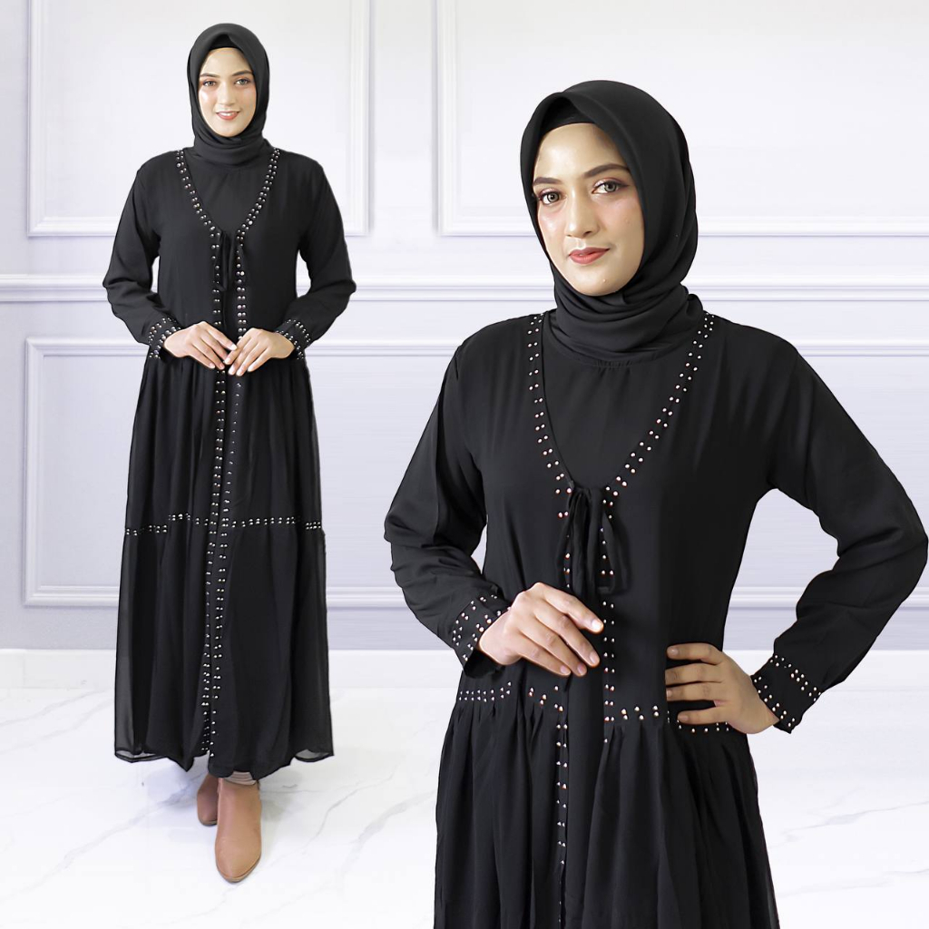 Exclusive Abaya Bordir Zahran Bahan Jet Black Resleting Depan Hitam Saudi Arab Kwalitas Boutique