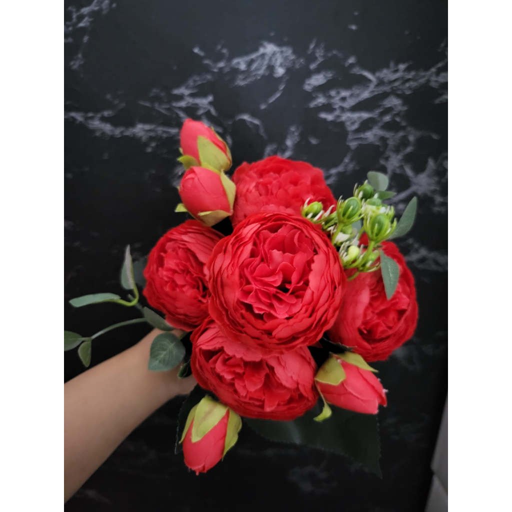 Mawar Peony 5 Cabang + Aksesoris Berry + Daun Dollar Premium