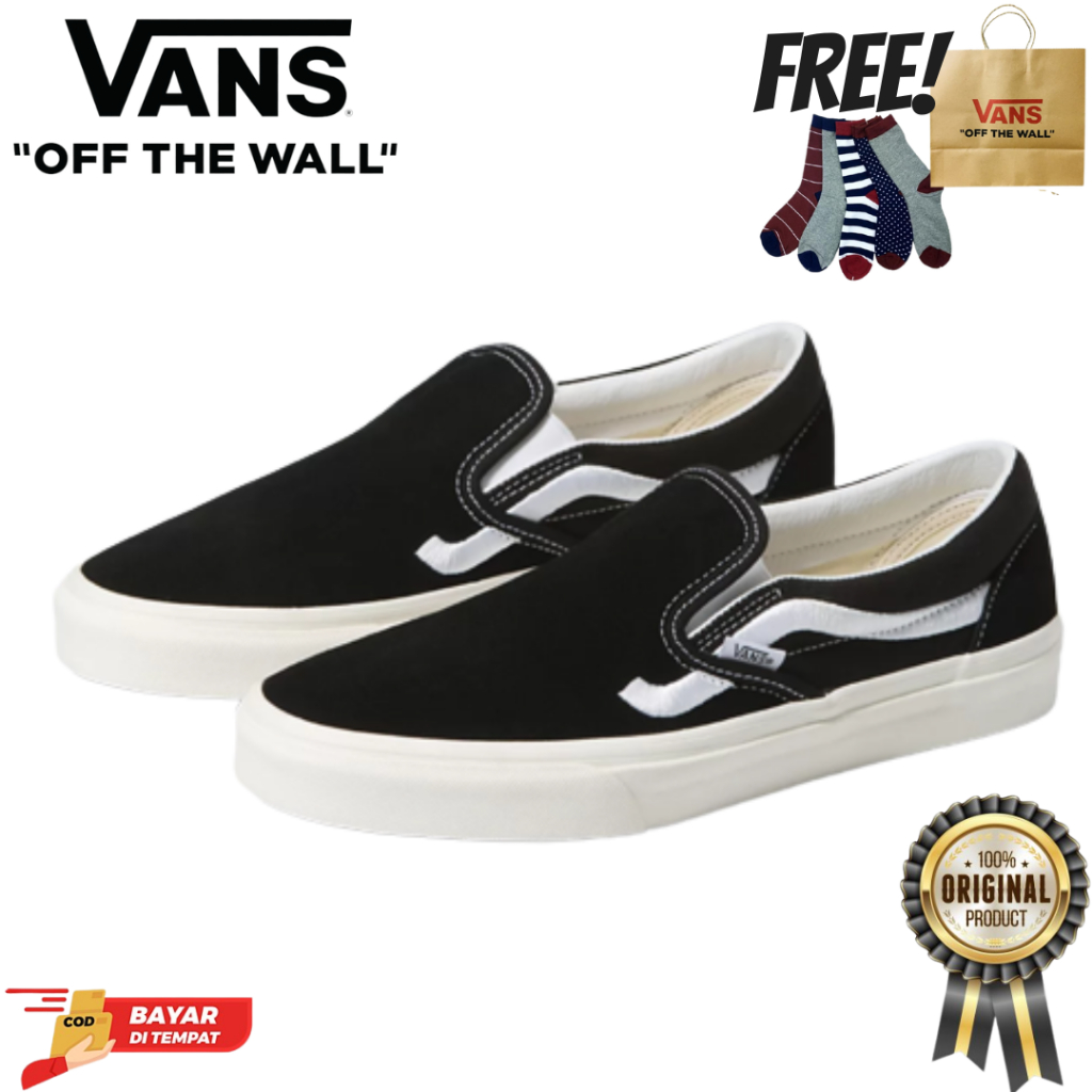 SALE DISKON! V4NS SLIP-ON SIDE STRIPE BLACK/WHITE 100% ORIGINAL BNIB